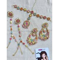 Pink-Yellow-Sky Blue Handmade carnival Jewellery Set for Haldi-Mehndi