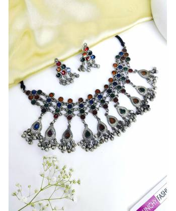 Boho Glam Oxidised Silver Meenakari Work Choker Necklace Set