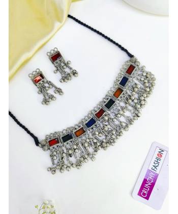 Boho Silver Oxidised Red-Blue Meenakari Afghan Choker Jewellery Set