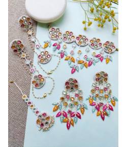 Pink-Orange-Sky Blue Handmade Floral Jewelry Set for Haldi Mehndi