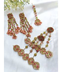 Pastel Pink-Mehndi Green Handmade Beaded Jewelry Set for Mehndi