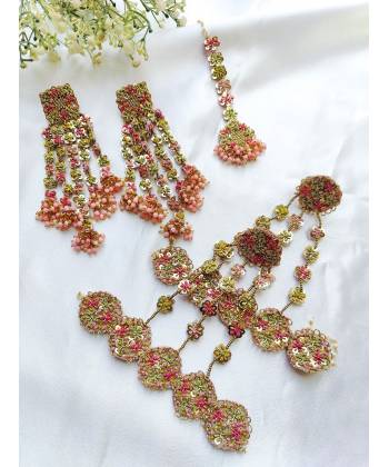 Pastel Pink-Mehndi Green Handmade Beaded Jewelry Set for Mehndi