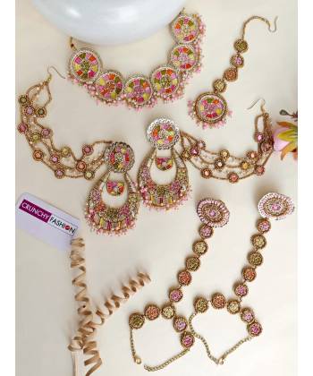 Pink-Green Handmade Jewelry Set for Haldi Mehndi