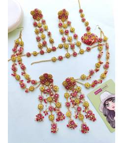 Pink-Yellow Beaded Floral Earrings, Tikka , Hathphool set