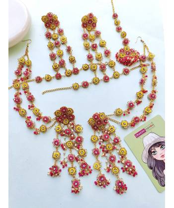 Pink-Yellow Beaded Floral Earrings, Tikka , Hathphool set