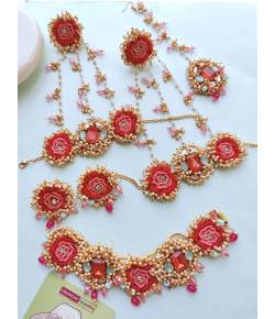 Pink Roses Pearl Jewelry Set for Bridal Haldi Mehndi