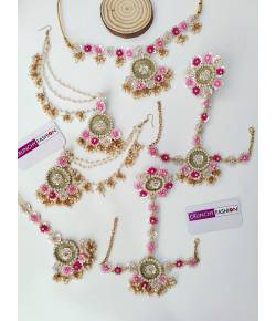 Pink-Baby Pink Handmade Floral Jewelry Set Haldi-Mehndi