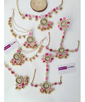 Pink-Baby Pink Handmade Floral Jewelry Set Haldi-Mehndi