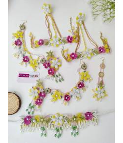 Yellow-Pink-Green Handmade Beaded 3D Flowers Jewelry Set