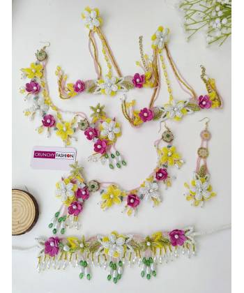 Yellow-Pink-Green Handmade Beaded 3D Flowers Jewelry Set