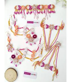Handmade Peach-Pink Flower Jewelry Set for Haldi-Mehndi