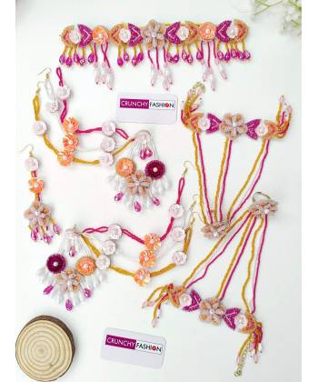 Handmade Peach-Pink Flower Jewelry Set for Haldi-Mehndi