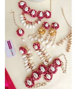 Hot Pink Pearl & Cowrie Shell Handmade Haldi Jewellery
