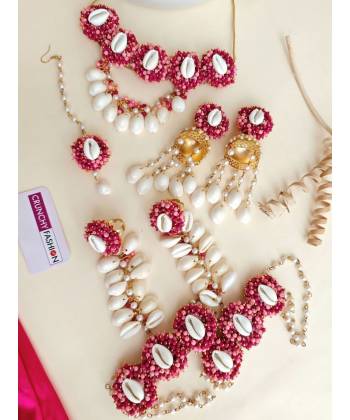 Hot Pink Pearl & Cowrie Shell Handmade Haldi Jewellery