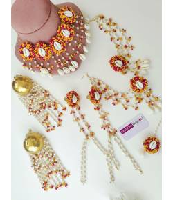Pink-Orange Pearls Sea Shell Jewellery with Kalira for Haldi