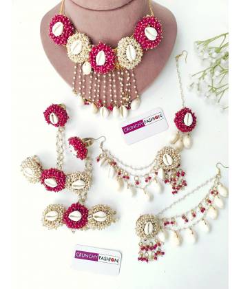 Pink-White Pearls Sea-Shell Jewellery Set for Haldi Mehndi
