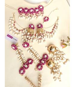 Pink Pearl & Cowrie haldi Jewellery Set with Kaliras, Ear Chain