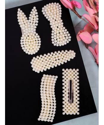 Crunchy Fashion White Pearl Beaded Hair Clip Pack of 5 CFH0146
