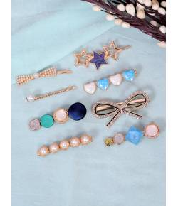 Crunchy Fashion Multi Color  Tonned Stone & Pearl Hair Clips 
