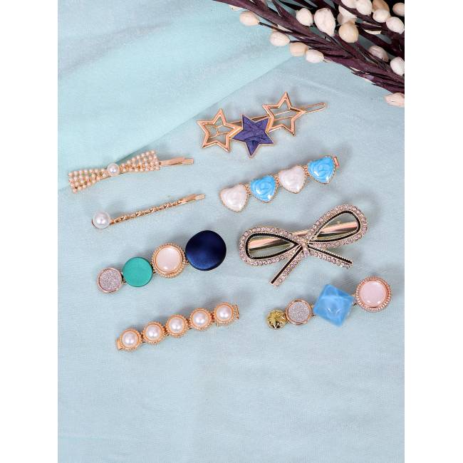 Crunchy Fashion Multi Color Tonned Stone & Pearl Hair Clips