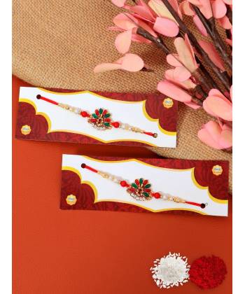 Crunchy Fashion Multicolor Kundan Stone Floral Rakhi Set of 2 Pack With Roli & Chawal CFRKH0073