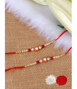 Crunchy Fashion Amroha Cafts Designer Red & White Moti  Rakhi Set  With Roli Chawal Tilak - Pack of 2 CFRKH0077