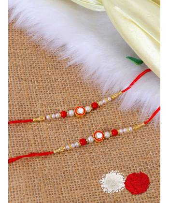 Crunchy Fashion Amroha Cafts Designer Red & White Moti  Rakhi Set  With Roli Chawal Tilak - Pack of 2 CFRKH0077