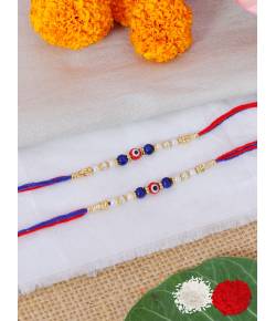  Crunchy Fashion Designer Red & Blue Pearl Rakhi Set With Roli Chawal Tilak-Pack of 2 CFRKH0079