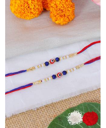  Crunchy Fashion Designer Red & Blue Pearl Rakhi Set With Roli Chawal Tilak-Pack of 2 CFRKH0079