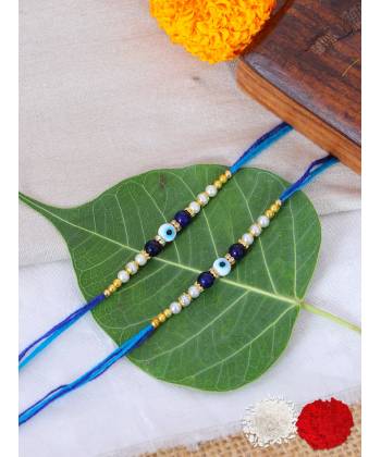 Crunchy Fashion Designer Blue Pearl Rakhi Set With Roli Chawal Tilak-Pack of 2 CFRKH0080