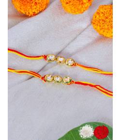  Crunchy Fashion Gold Tonned Red & Yellow  Kundan Studded Rakhi Set of 2 Pack With Roli & Chawal CFRKH0081