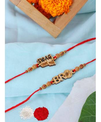 Crunchy Fashion  Wodden Bhai & Swag Naming Rakhi Set With Roli Chawal Tilak Pack Of 2 CFRKH0083