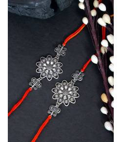 Crunchy Fashion Oxidised German Silver Floral Design Studded Rakhi Set Pack of 2 CFRKH0085