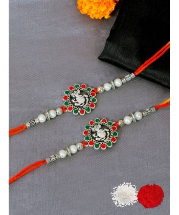 Crunchy Fashion Multicolor Floral Ganesha Rakhi Set Pack of 2 With Roli & Chwal CFRKH0087