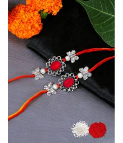 Crunchy Fashion Amroha Craft Oxidised German Silver Floral Red Stone Rakhi Set  Pack of 2 CFRKH0088