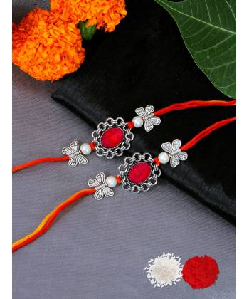 Crunchy Fashion Oxidised German Silver Floral Red Stone Rakhi Set  Pack of 2 With Roli & Chawal CFRKH0088