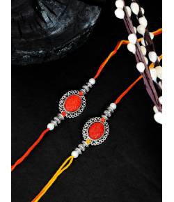 Crunchy fashion Oxidized Silver Embellishment Red Stone Work Rakhi Set Pack of 2 CFRKH0089