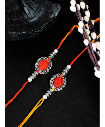 Crunchy fashion Oxidized Silver Embellishment Red Stone Work Rakhi Set Pack of 2 CFRKH0089