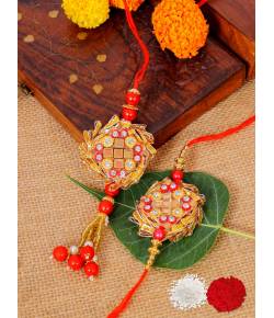 Crunchy Fashion Amroha Craft Red & Gold Toned  Designer Handcrafted Bhaiya Bhabhi Rakhi Set Pack of 2 CFRKH0095