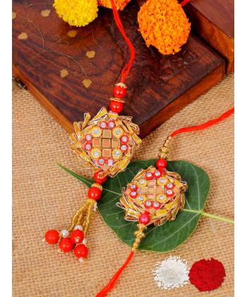 Crunchy Fashion  Red & Gold Toned  Handcrafted Bhaiya Bhabhi Rakhi Set Pack of 2 CFRKH0095