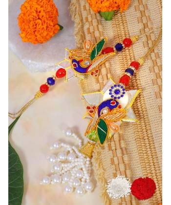 Crunchy Fashion Multicolor Peacock Bhaiya Bhabhi Rakhi Set Pack of 2 With Roli & Chawal CFRKH0096