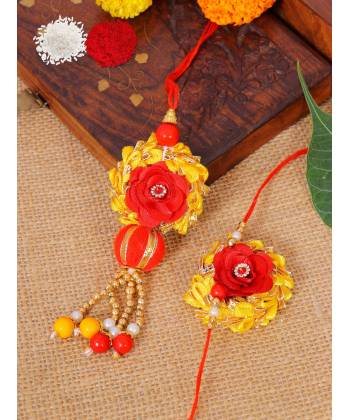 Crunchy Fashion  Red & Yellow Handcrafted Premium Floral Bhaiya Bhabhi Rakhi Set Pack of 2 With Roli & Chawal CFRKH0097
