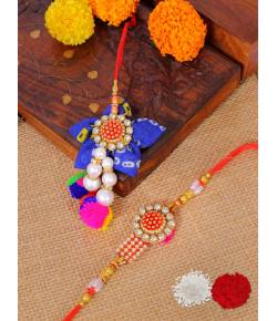 Crunchy Fashion Blue& Gold Floral Handcrafted Kundan Bhaiya Bhabhi Rakhi Set Pack of 2 With Roli & Chawal CFRKH0099