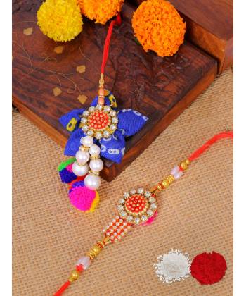 Crunchy Fashion Blue& Gold Floral Handcrafted Kundan Bhaiya Bhabhi Rakhi Set Pack of 2 With Roli & Chawal CFRKH0099