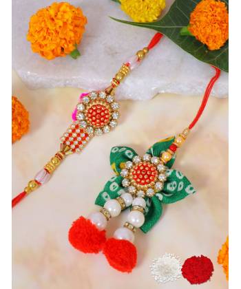 Crunchy Fashion Red & Green Floral Handcrafted Kundan Bhaiya Bhabhi Rakhi Set Pack of 2 With Roli & Chawal CFRKH0100