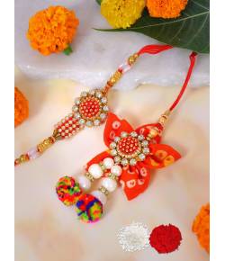 Crunchy Fashion Amroha Craft Multicolor Gold Tonned Floral Handcraft Kundan Work Rakhi Set Pack of 2 CFRKH0101