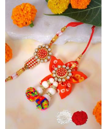 Crunchy Fashion Multicolor Gold Tonned Floral HandKundan Rakhi Set Pack of 2 With Roli & Chawal CFRKH0101