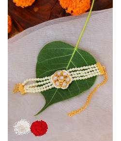 Crunchy Fashion Amroha Craft Bracelet Material Moti Gold & White Kundan Rakhi  With Roli & Chawal CFRKH0102