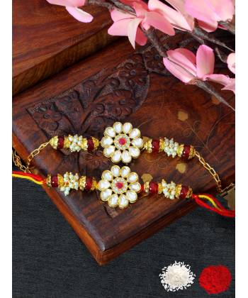 Crunchy Fashion Gold-Plated Floral Kundan Bhaiya Bhabhi Rakhi Set  CFRKH0103