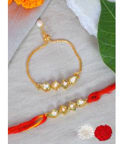 Crunchy Fashion Amroha Craft GoldTonned Kundan Work Bhaiya Bhabhi Rakhi Set Pack of 2 CFRKH0104